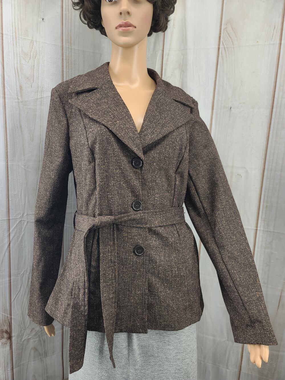 First Option Women 10 Brown Tweed Texture Belted Blazer Coat Button-Up Front